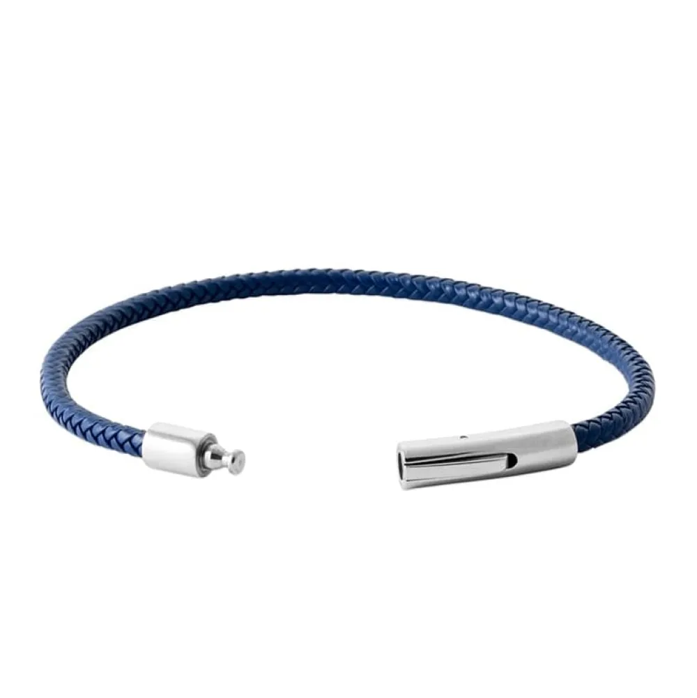 bracelet_homme_bleu_marin_1.webp By Jollia Bracelet homme bleu marine cuir et acier torsadé New