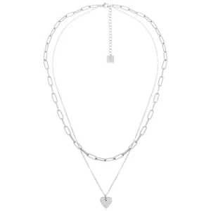 Zag Bijoux Collier deux rangs maillon coeur zircon (plaqué or blanc) Discount